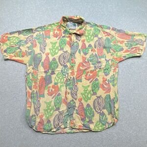 Vintage High Lands Button Down Shirt Men's Sz L Floral Print Fishes Distressed